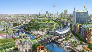 Vista aérea de uma Berlim futurista e sustentável, com muita energia solar, áreas verdes e água limpa